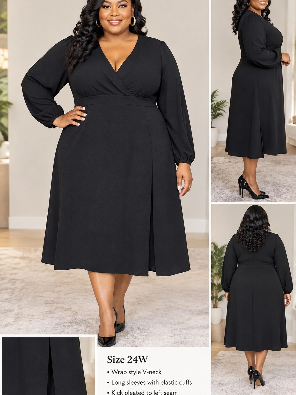 Classic Black Wrap V-Neck Midi Dress - Plus Size